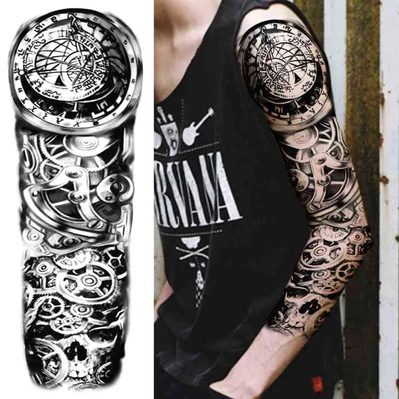 NXY Tillfällig tatuering Realistisk Gud Skull S för kvinnor Män Black Wolf Tribal Sticker Sleeve Fake Full ARM Kroppskonst Tattos Dekor 0330