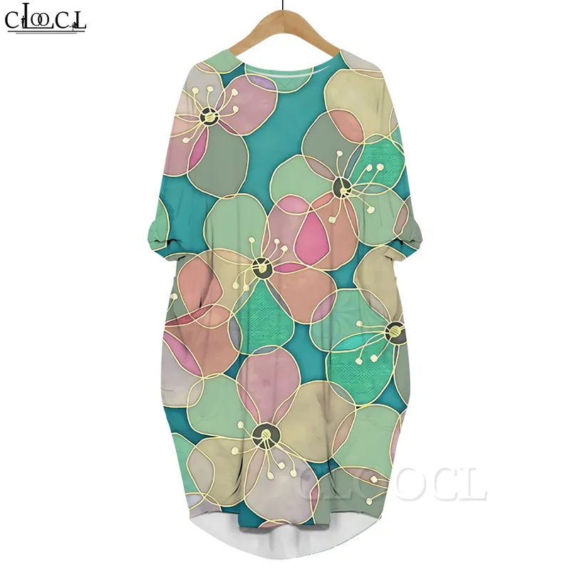 Women Dress Retro Pattern 3D Graphics Printed Daughter Dresses Long Sleeve Kneelength Pocket Dresses Vintage Style 220616