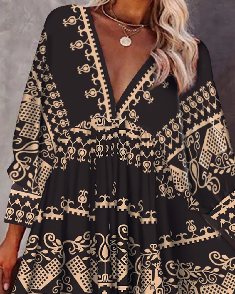 Autumn All Over Print V Neck Fold Pleated Mini Dress Femme Casual Lace Up Back Flare Sleeve Robe Office Lady Outfits traf 220521