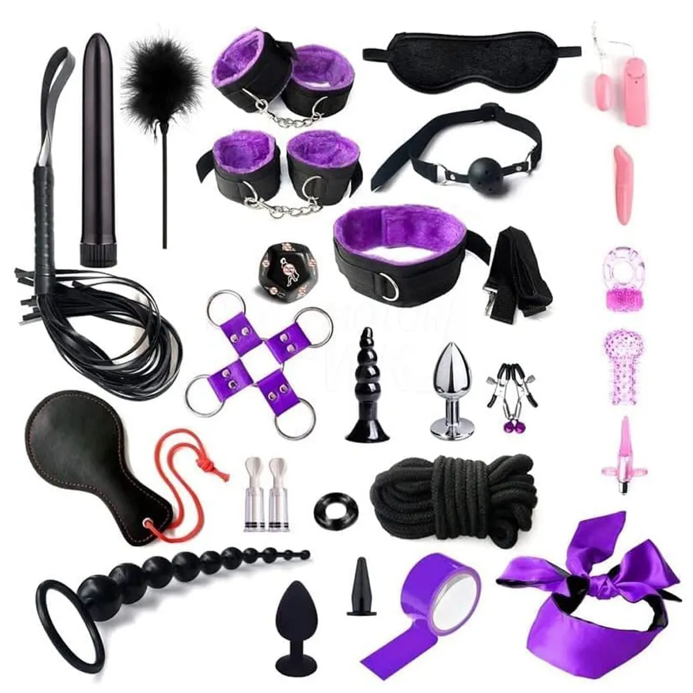 Pour les costumes de bondage, menottes, menottes, fouet, corde, vibrateur, masque pour les yeux, jouets sexy, équipement pour hommes et femmes adultes