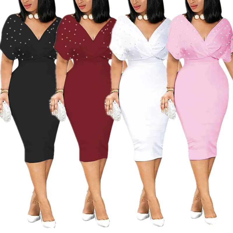 Abito estivo Sexy scollo a V Tunica Vita alta Perline Manica corta Donna Rosso Bianco Aderente Plus Size Party Club Midi 220521