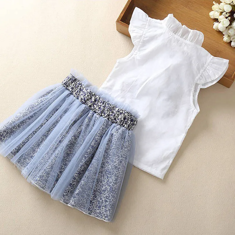 Baby Girl Clothing Set Vlinder Summer Lace Floral Short Sleeve White T-shirt Mesh Kjolkläder för 2 3 4 5 6 7 8 År 220507