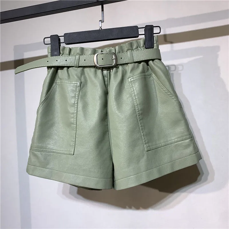 Fahion High Waist Faux Leather Shorts Women With Belt Pockets Wide Leg Sexy Shorts Short Femme Casual Ladies Shorts 220419