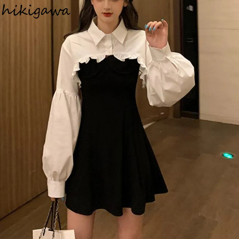 Hikigawa Frauen Kleidung Sets Laterne Hülse Kurze Lose Shirts mit Schwarz Solide Koreanische Mode Damen Kleid Zwei Stück Anzug 220719