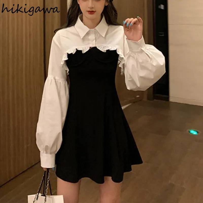 Hikigawa Women Clothing Sets Фонарная рукава короткие рычаги с черным твердым корейским модным женским платьем с двумя частями 220719