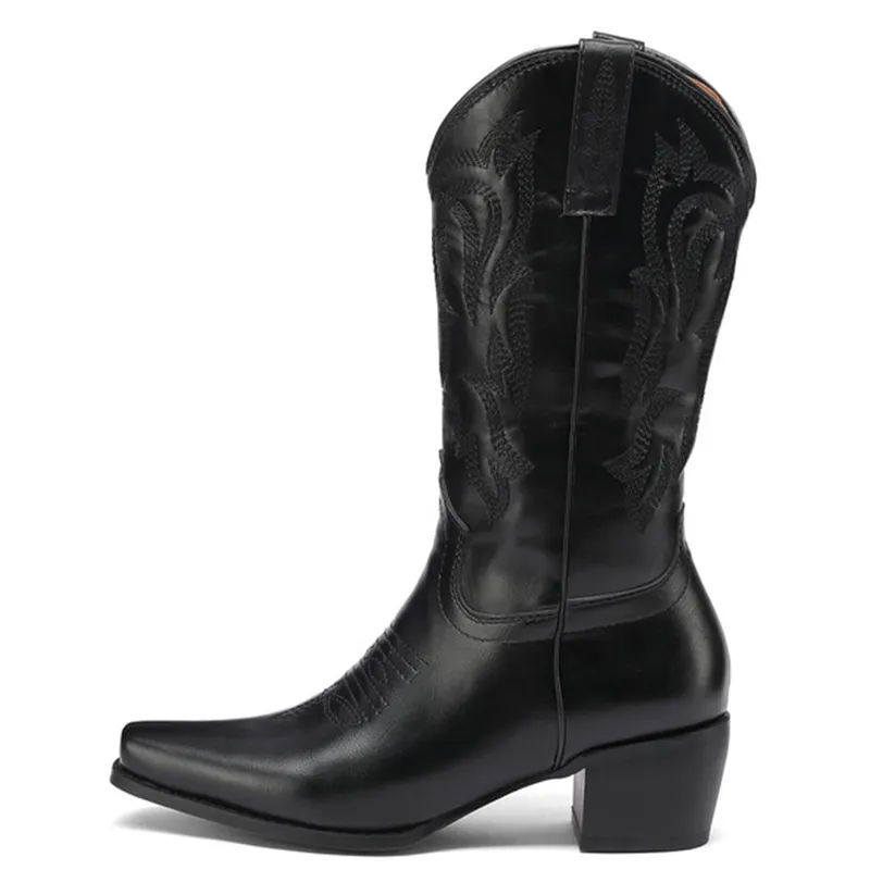 Bonjomarisa Cowgirl Femmes Western Boots Cowboy Boot de veau Mid Calf Bloc Chunky Mid Talon Broide de marque décontractée Boots Femme 22081276322