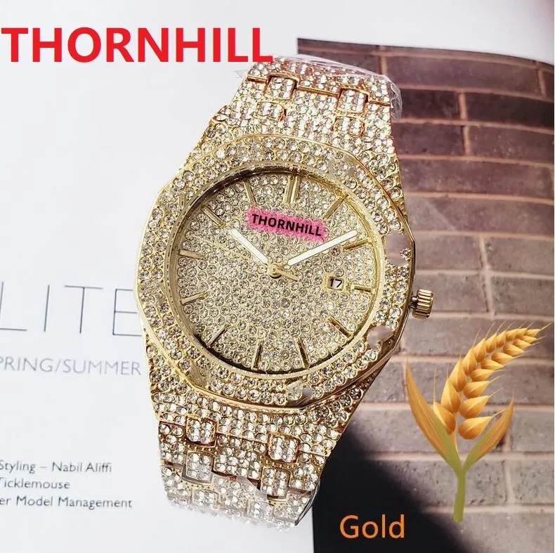 High Quality ICE Out Hip Hop Men's Leisure Diamonds Watches 42mm Stainless Steel Quartz Wristwatch Rose Gold Calendar Gold Br262L