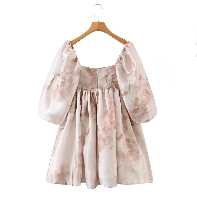 2022 Princesse Tie Dye Floral Print Robe de bal Robe en organza manches bouffantes rétro femmes froncé taille plissée mini fête robe de fée 220511