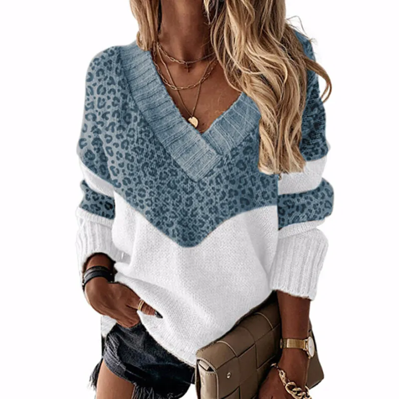 Kobiety swobodny v szyja luźne dzianinowe sweter 2022 Spring Lopard Print Patchwork Pullovers Autumn Long Sleeve Streetwear Top Jumper