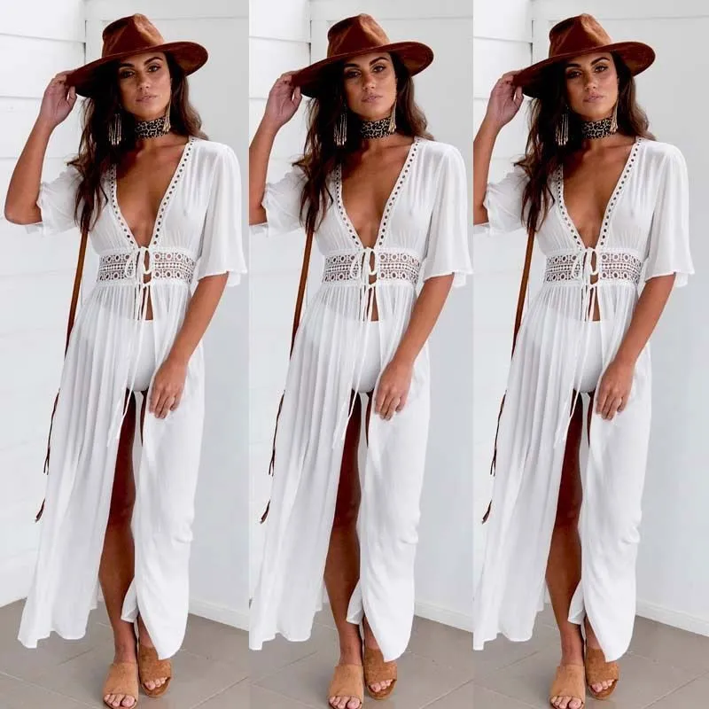 3XL Plus Size Long Maxi Dres Cover Up Tunic Pareo White V Neck Dress Robe Swimwear Bathing Suit Beachwear 220621