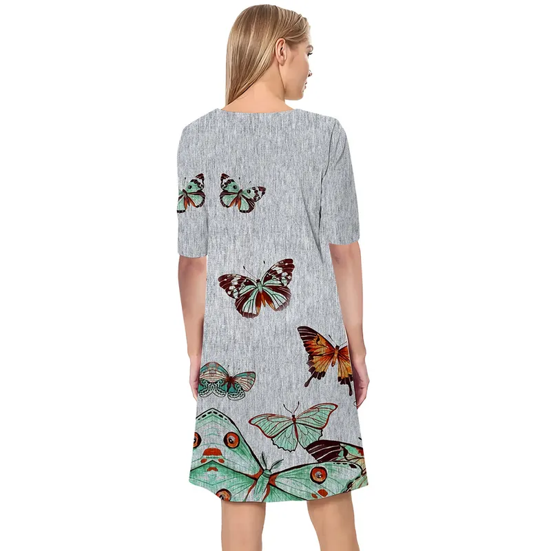 Women Dress Beautiful Butterfly 3D Printed VNeck Loose Casual Short Sleeve Shift Dress for Female Dresses Gray Dress 220616