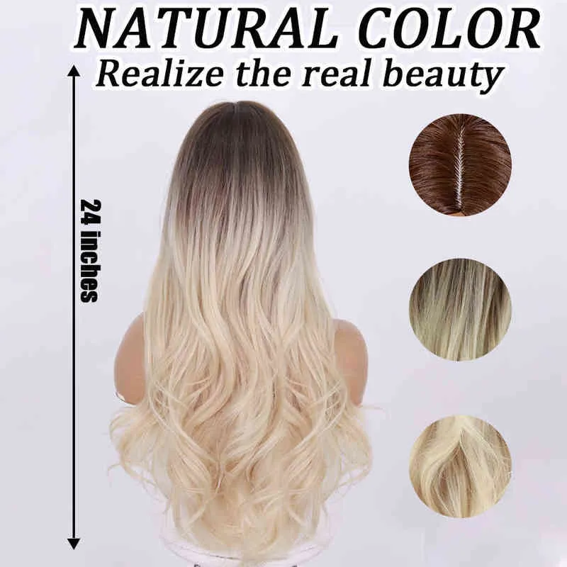 Nxy Long Wavy Wig Synthetic Ombre Light Blonde Platinum Middle Part Hair Natural Heat Resistant Cosplay s for Women 220622