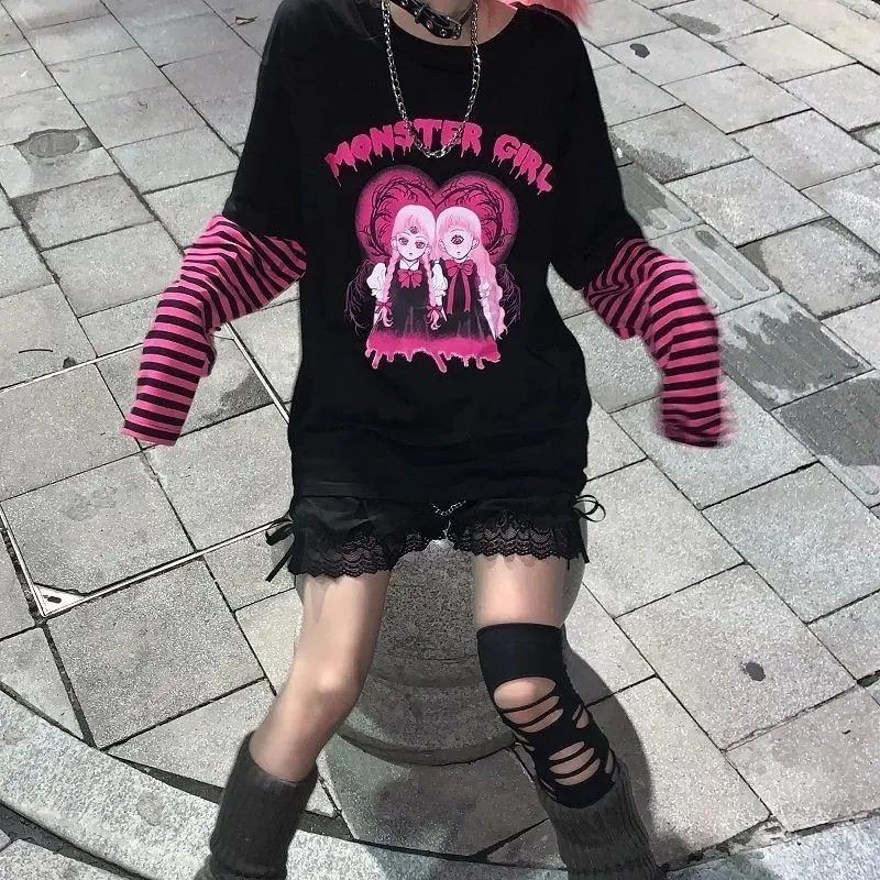 Houzhou Gothic T Shirt Kobiety Mall Goth Top Harajuku Czarny Z Długim Rękawem Koszulki Fałszywy Dwukierki Punk Grunge Streetwear Alt E Girl 220408