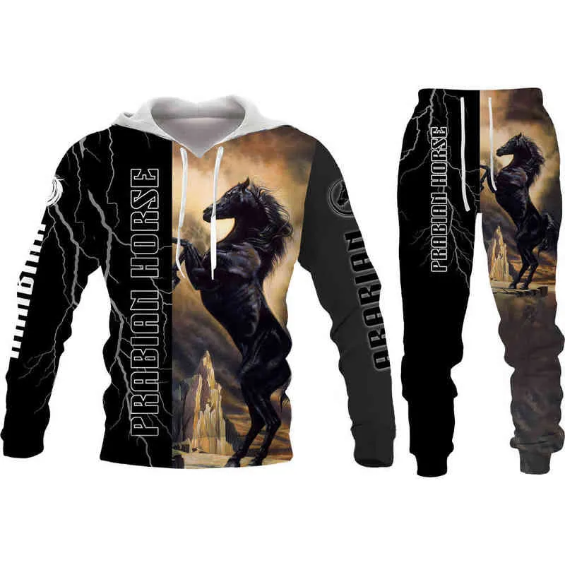 Autumn Winter 3D War Horse Printed Men's Hooded Sweater Set Male Sportswear Tracksuit Long Sleeve Men Clothing Suit G1217