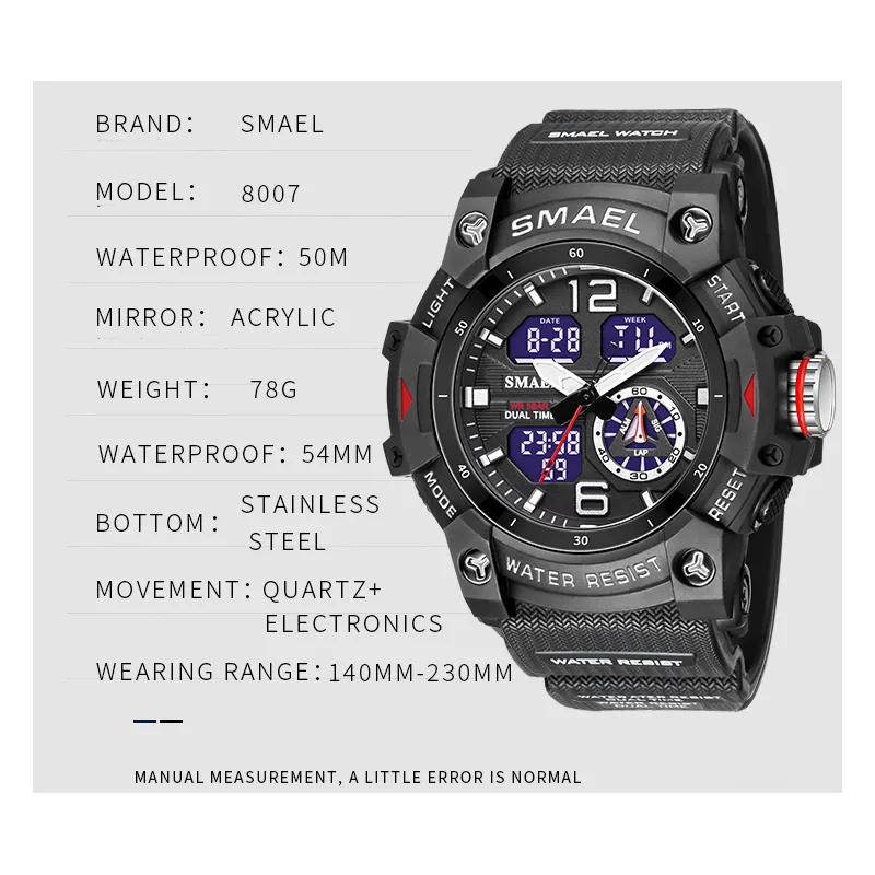 SMAEL double temps hommes montres 50 m étanche montres militaires pour homme 8007 THOCK résistant Sport montres cadeaux Wtach 220421252 m