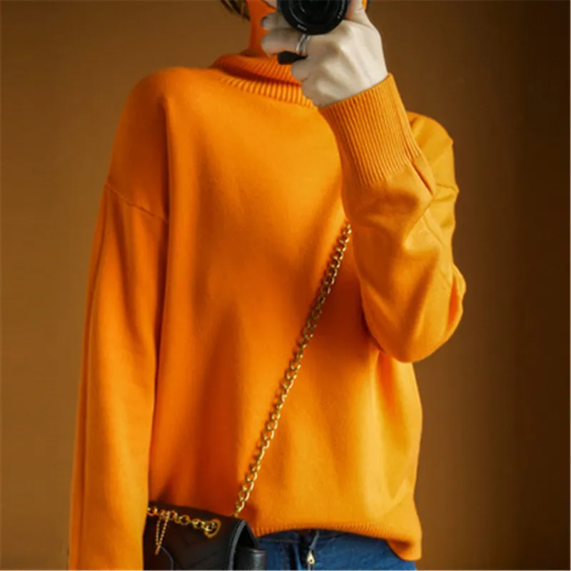 Automne Hiver Orange Pull À Col Roulé En Cachemire Femmes Épaissi Pull Pull Casual Basic Pull Tricoté Pull Lâche Tops 220813