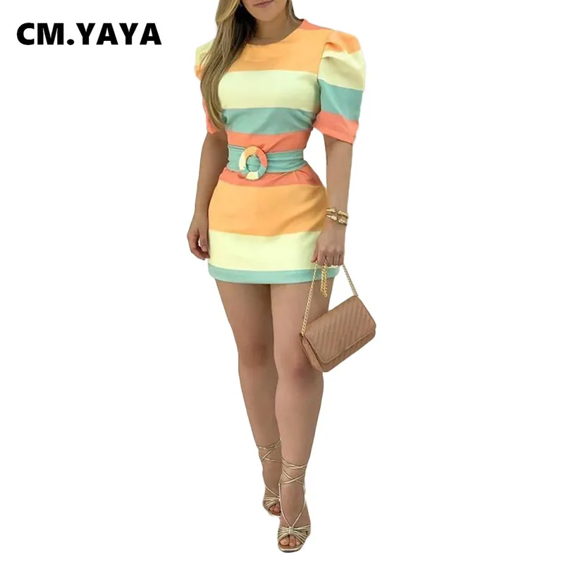 CM. Yaya Rainbow Striped Damska mini sukienka z szarfy Seksowne vintage puff rękawy o-deter-bandcon Bandage Pencil sukienki 220516