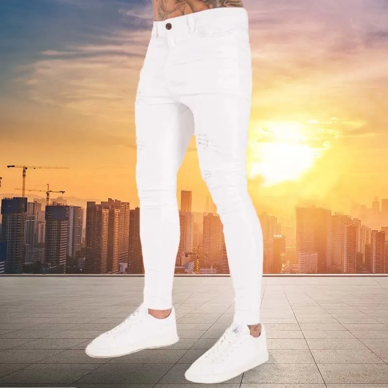 Mens jeans hop hop hop branco moto skinny cor puro cor elástica calças jeans masculino cintura casual jogging lápis 220408
