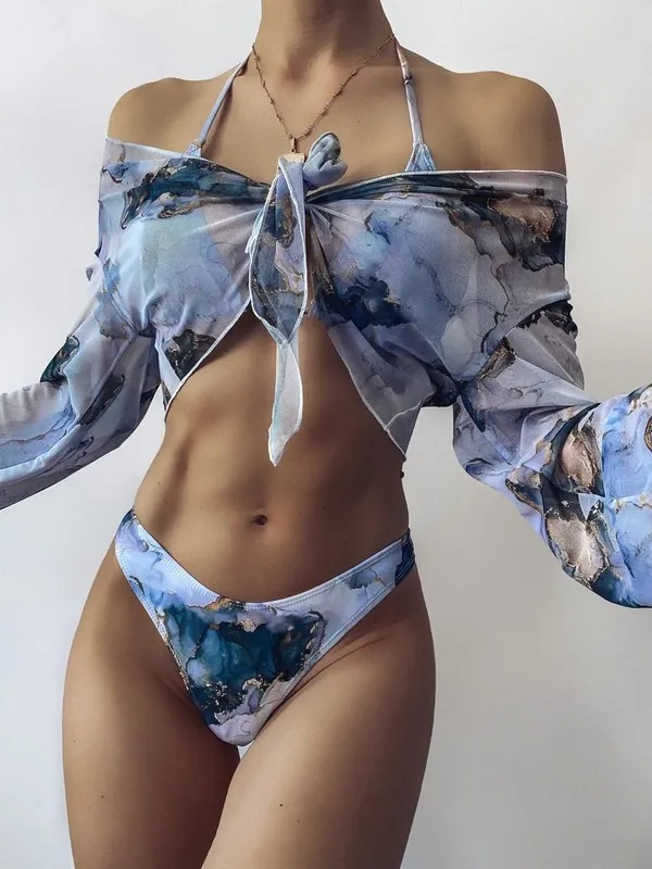 Print Sport Bandeau Push up Bikinis Sexy Marble Women Swimsuit High Waist Swimwear bathing suit Beach wear 220413