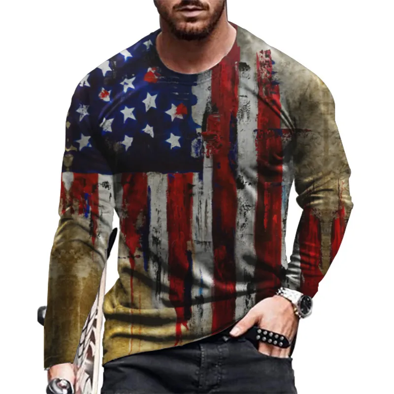 Long Sleeve Cotton Men T Shirt Autumn Spring Loose Casual Round Neck National Flag Print T Shirt Hip Hop T-shirt Top Camisetas 220323