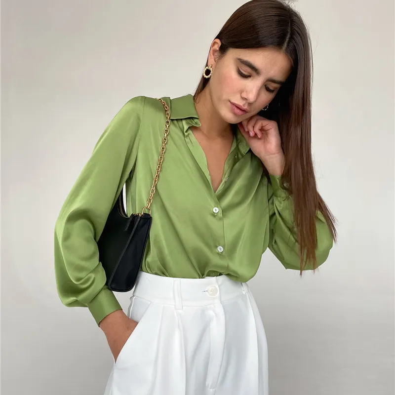 Satin Women's Shirt Polo Collar Office Lady blouse Vintage Blue Green Silk Shirt Loose Button Up Down Shirts Black Fashion Tops 220725