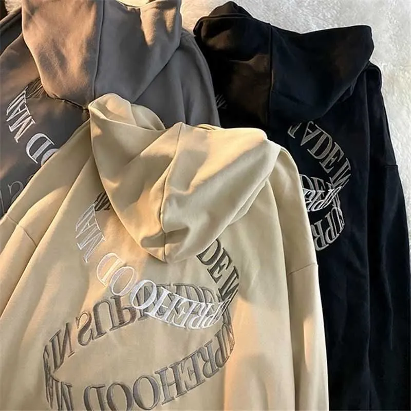 Retro İşlemeli Zip Up Sweatshirt Y2k harajuku 2021 artı boyutu kazak Kore tarzı gevşek mektup uzun kollu kazak giyim