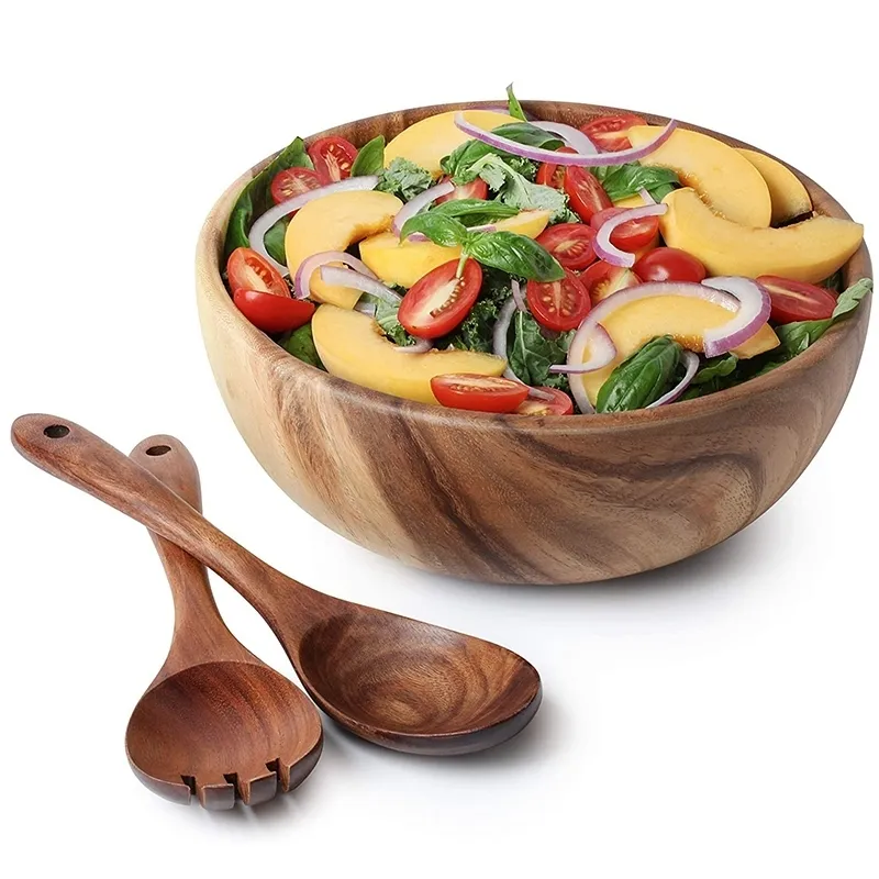 Bol à salade en bois-grande vaisselle 9,4 pouces bol à salade en bois d'acacia avec cuillère peut être utilisé pour les fournitures de cuisine de salade de fruits 220408