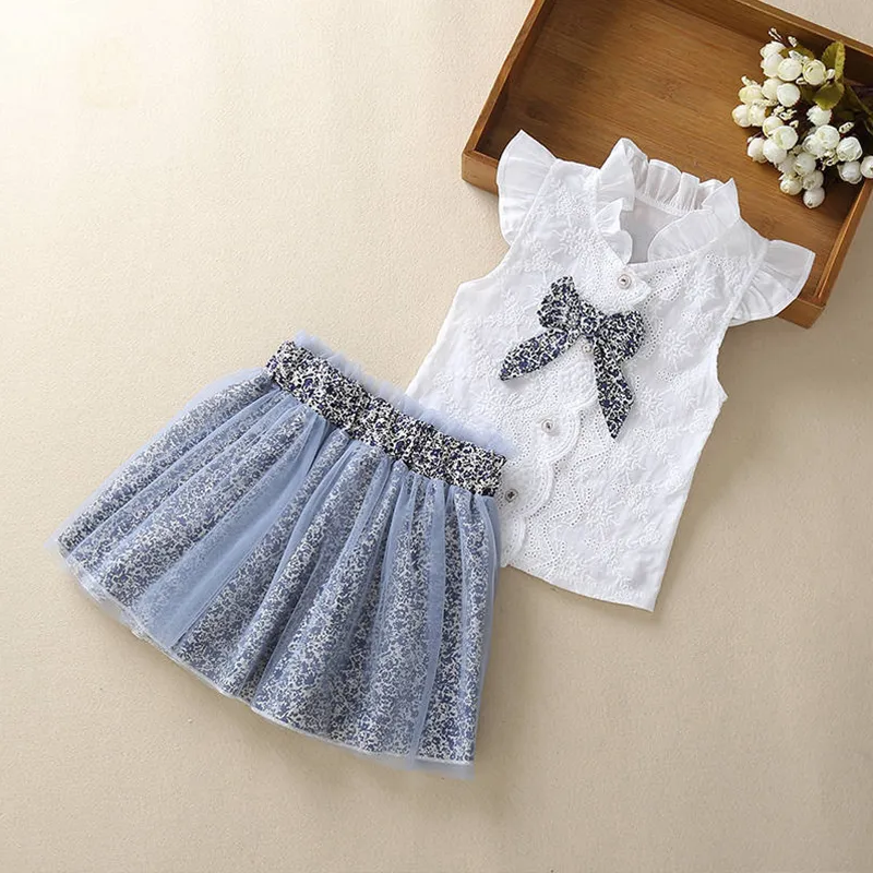 Baby Girl Clothing Set Vlinder Summer Lace Floral Short Sleeve White T-shirt Mesh Kjolkläder för 2 3 4 5 6 7 8 År 220507