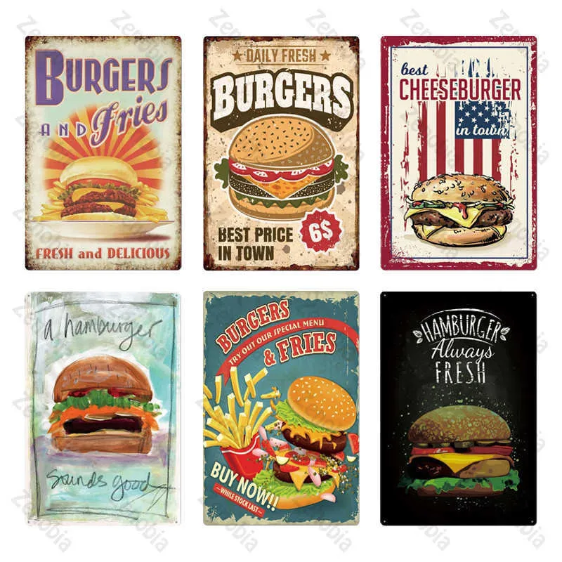 Hamburger Metallschild Plaque Metall Vintage Fast Food Wanddekoration für Küchencafé Diner Bar Burger Metallschilder 20 x 30 cm2964066