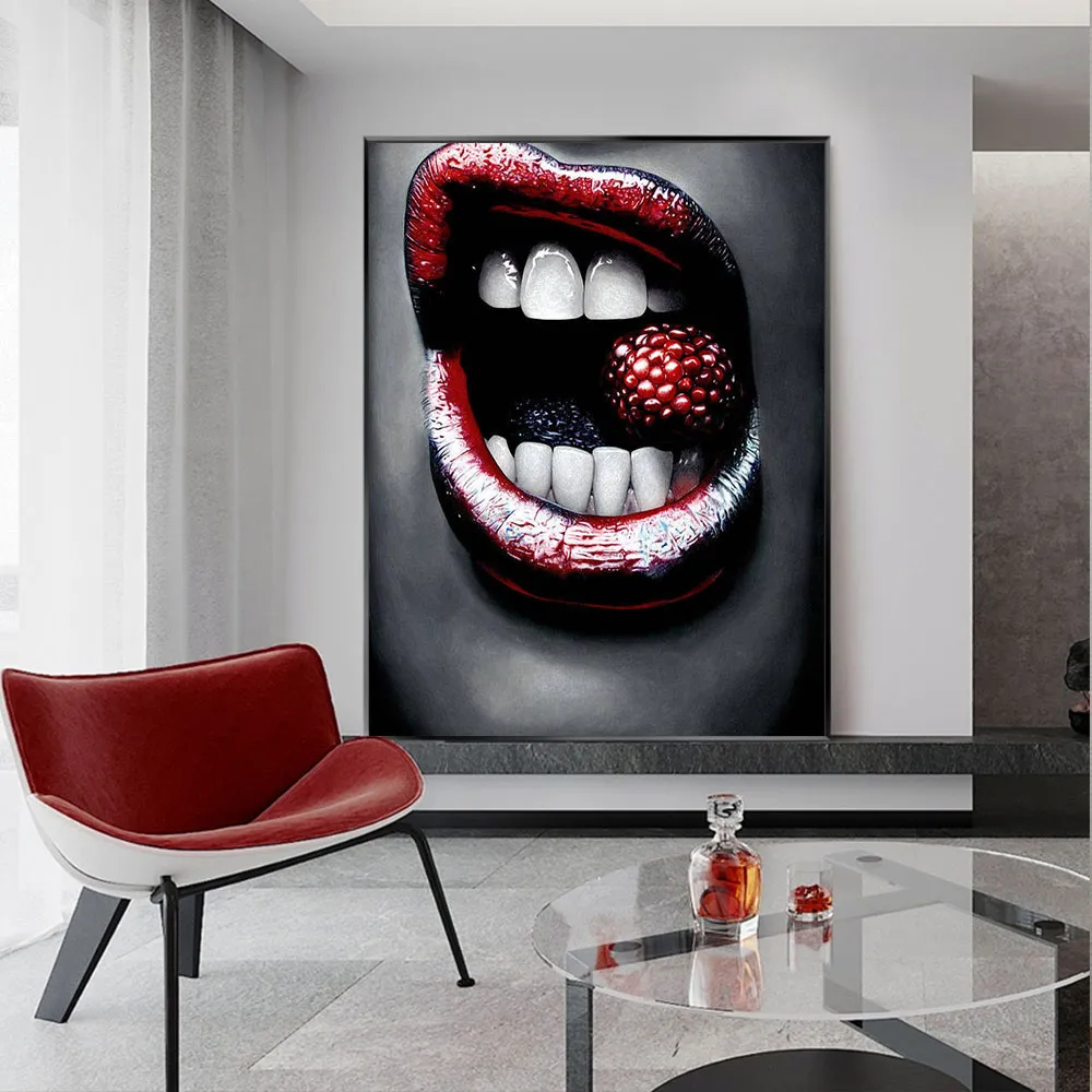 Strawberry Lips Canvas målar affisch tryck väggkonst bild för vardagsrum nordisk stil heminredning dekoration ramlös