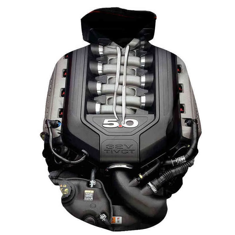새로운 Maohua 새로운 슈퍼 스포츠카 까마귀 포드 머스탱 리터 V8 엔진 파워 하트 후드 3D 프린팅하라 주쿠 스웨트 셔츠 맨 L220704