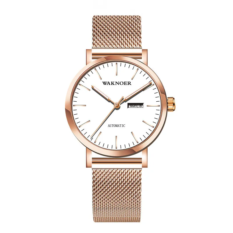 Einfache mechanische uhren Neue Waknoer Romantische Rose Gold Uhr männer Masculino Relogio Hohe qualität datum armbanduhr reloj hombre