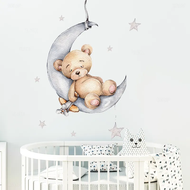 Tecknad nallebjörn sover på månen och stjärnor vägg klistermärken för barn rum baby dekoration dekor interiör 220716