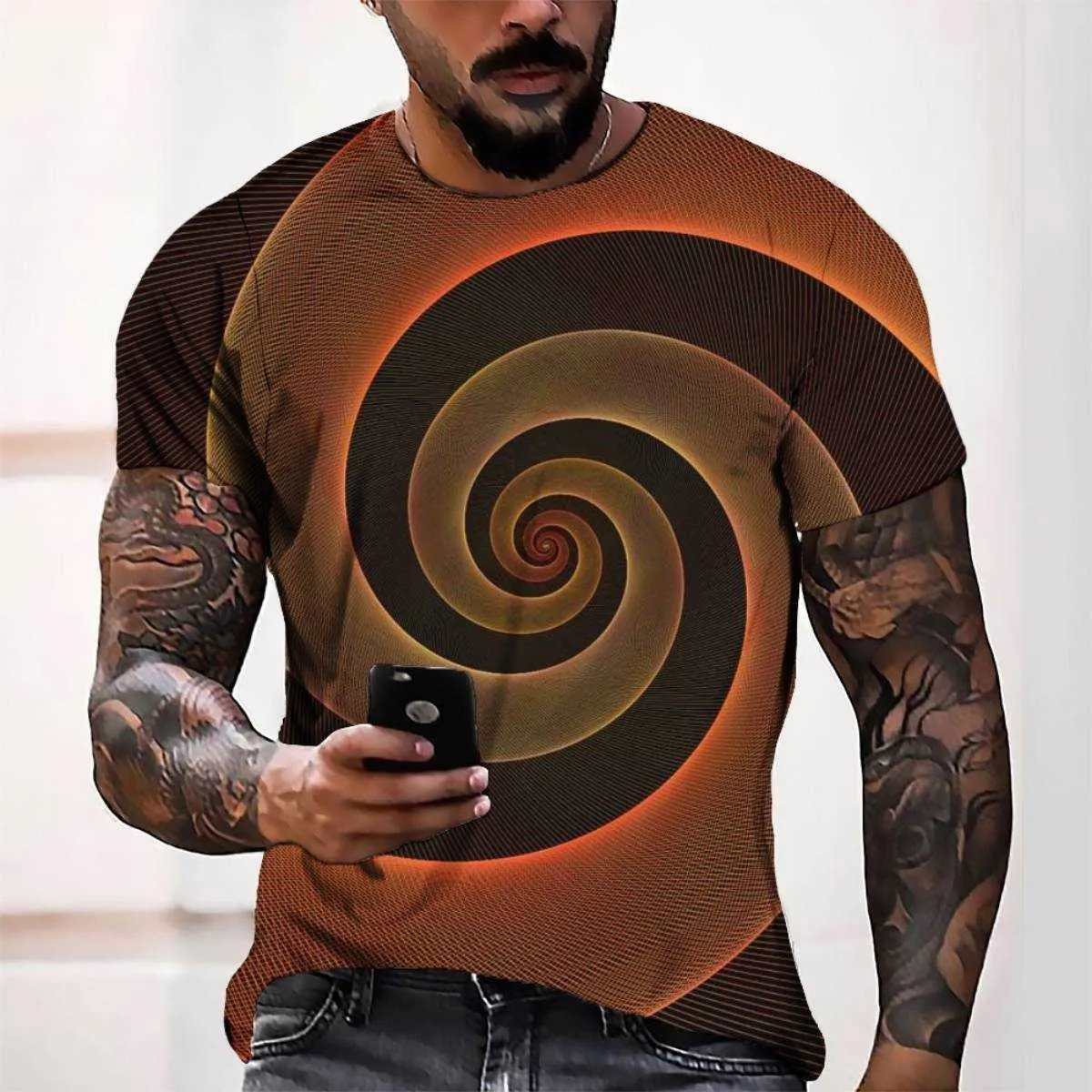 2022 Summer Mens T-shirts 3D Digital Printing Fun Rotating Corrugated Round Neck Tops Casual Loose Short Sleeve Men Tees