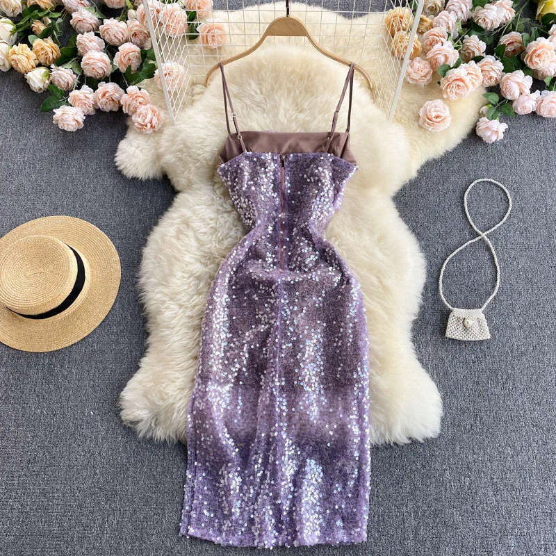 Purple Sexy Sleeveless Bodycon Dres's Summer Dress Slim Mid-Length Sequined Suspender Party Dresses For Women C8079 220509