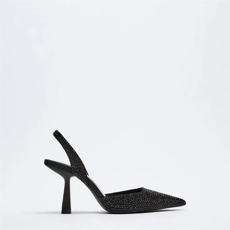 WSL TRAF ZA printemps ensemble de chaussures pour femmes diamant bout pointu Slingback avec talons chaussures noir femmes Slingback Mules sandales 220402