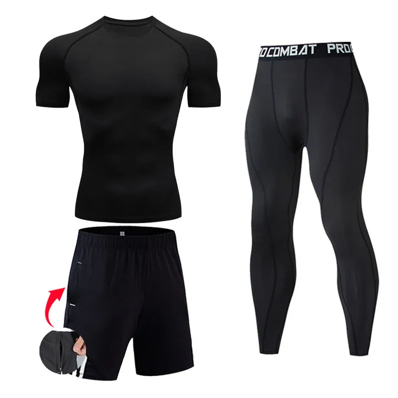 Сплошной цвет костюм для бега, мужская тренировочная одежда, компрессионные леггинсы, футболка для спортзала, тренировочные шорты, 3 предмета, мужская спортивная одежда 220330