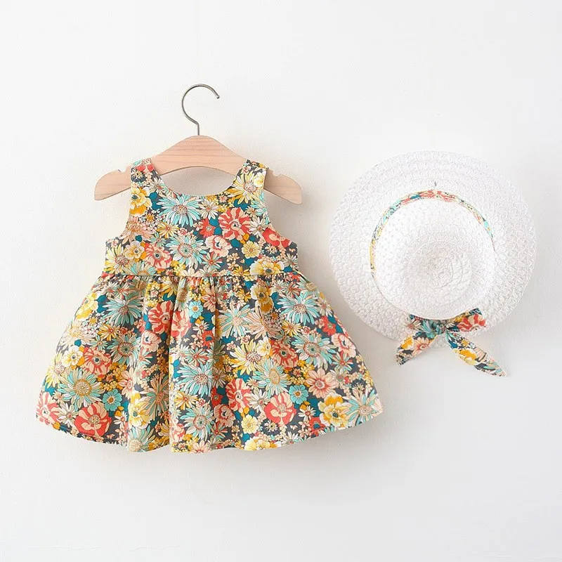 Nuova moda neonata abiti principessa abbigliamento carino 2 pezzi set partito fiore di cotone bambini cappello con fiocco senza maniche dolce 1-3 anni