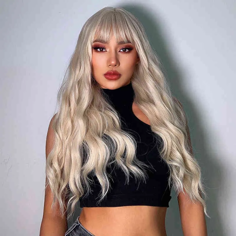 NXY Wigs Henry Margu Pure Blonde Synthetic Hair Wigs Long Water Wave for Women Colored Cosplay Lolita with Bangs Heat Resistant 0609