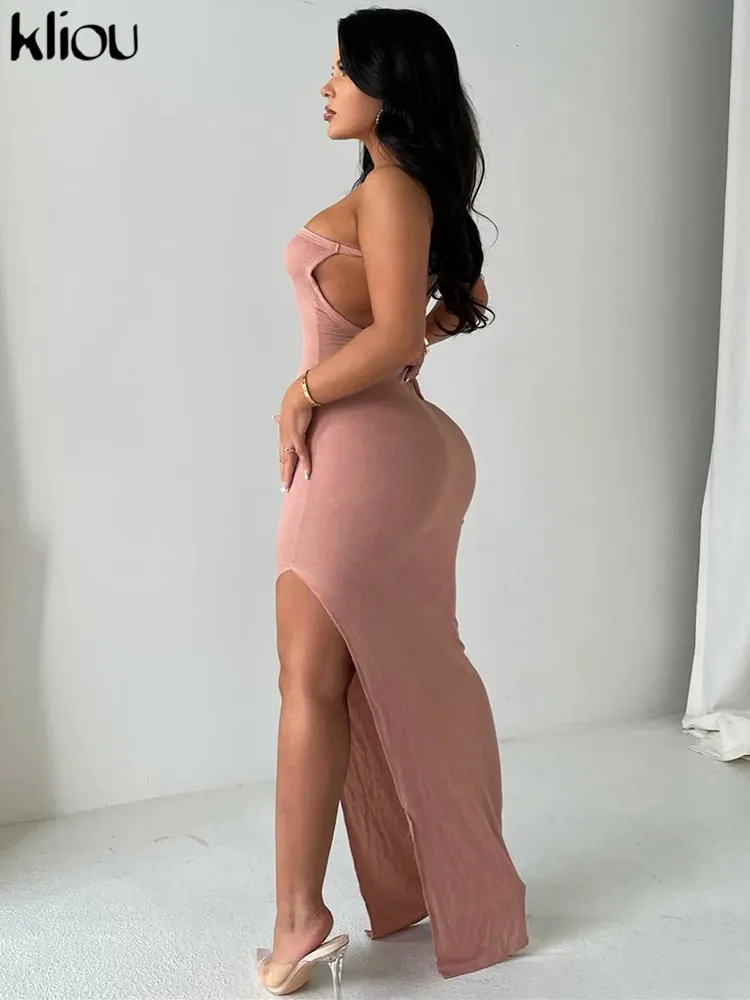 Kliou Ribbed One-Shoulder Maxi Dress Women Elegant Sleeveless Side Split Body-Shaping Backless Robe High Streetwear Lady Vestido 220509