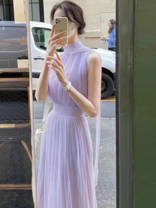 Women s Spring And Summer Style Gentle Elegant Long Skirt High Collar Sleeveless Fashion Sexy Dress 220613
