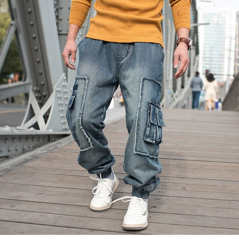 Plus Size 6XL Jeans Men's Casual Cargo Pants Elastic Waist Loose Baggy Joggers Denim Trousers Streetwear Male Clothing New Fashion