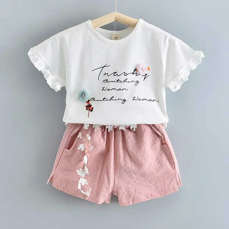 Beer leider zomer casual kinderen sets chiffon bloemen blauwe t-shirt broek meisjes kleding kinderen ingesteld voor 3-7 jaar 220326