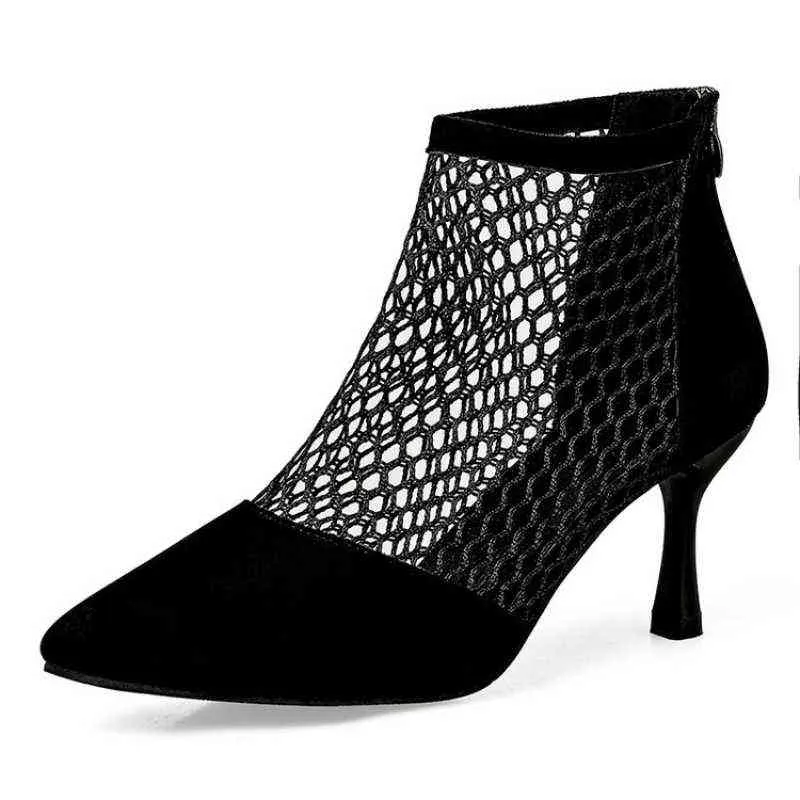 Mujeres Botas negras de verano Velvet High Heel Fish Neta Botas Sexy Toble Sandalias de punta puntiaguda botas de tacón delgado Zapatos casuales 2021 G220518