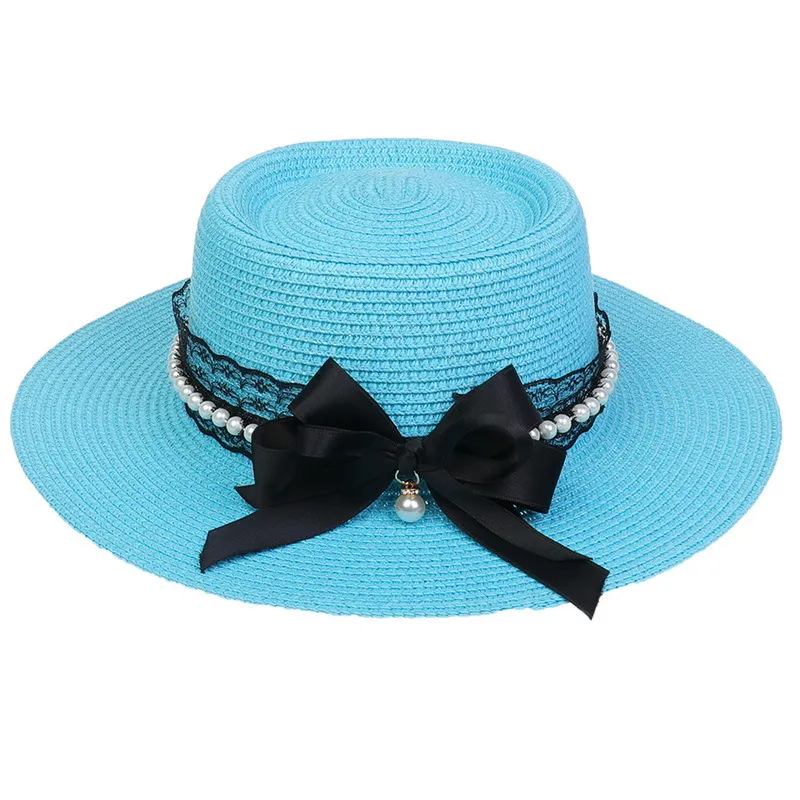 Cappello da donna in paglia Cappello Fedora a tesa larga con fiocco in pizzo nero Cappello da spiaggia Porkpie Cappello a tesa piatta con parte superiore piatta esterno