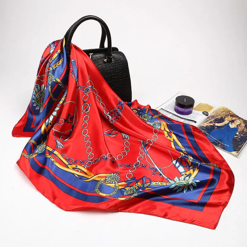 Large Hijab Scarves For Women Fashion Print Silk Satin Scarf Female 90cmx90cm Luxury Brand Square Shawls Head Scarfs For Ladies 220516
