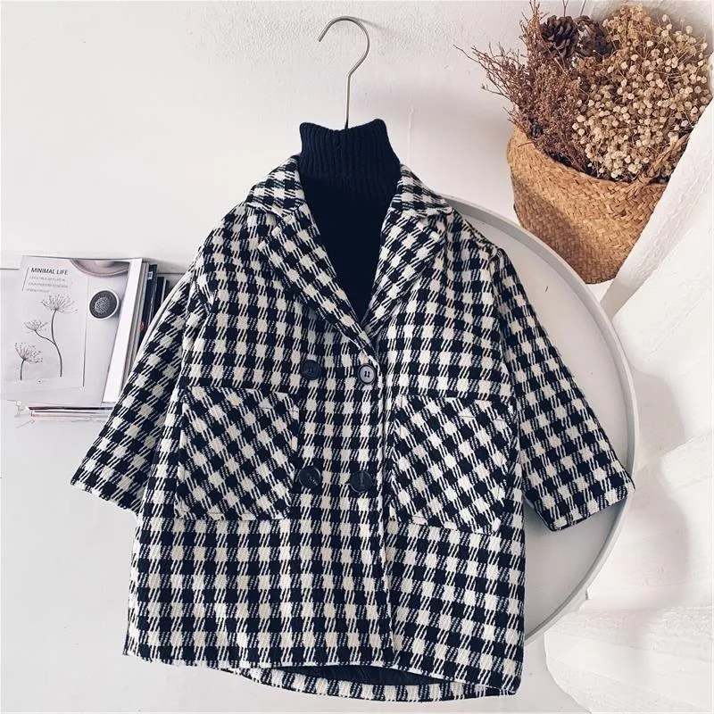 Boy Girl Woolen Plaid Jacket Långt dubbelbröst varmt barn lapel tweed coat bomull vadderad baby outwear kläder 110y 220812