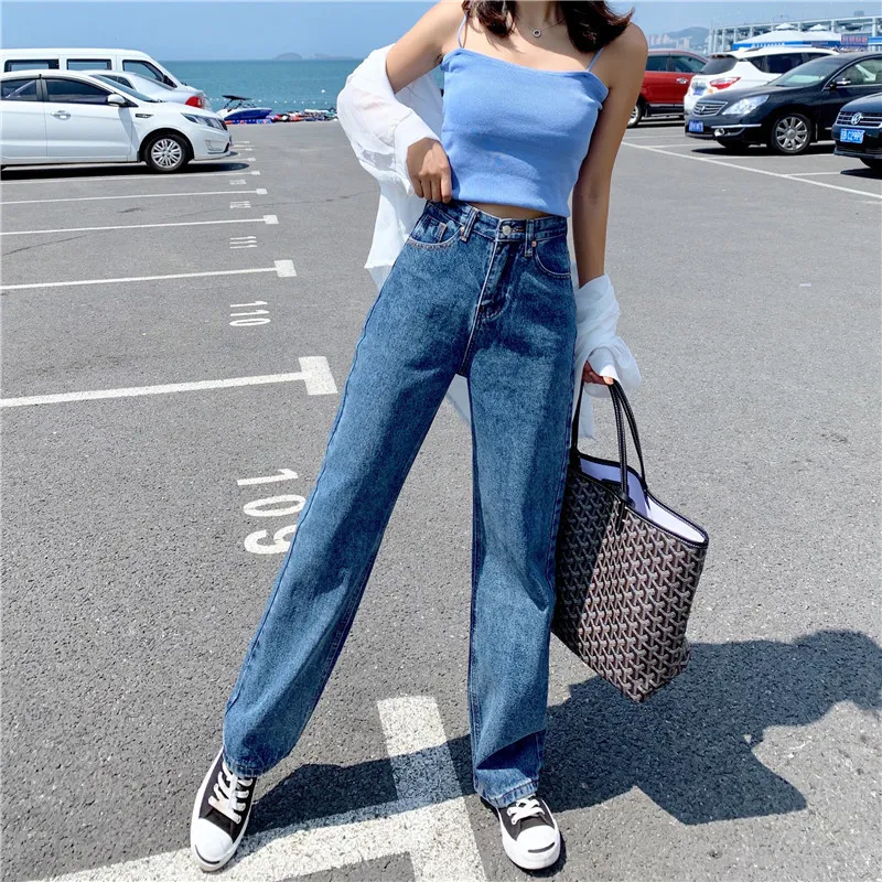 Kvinnors Jeans Wide Leg Casual Streetwear Femme High Waist Trouser Vintage Baggy Fashion Straight Mom Denim Pants 220402