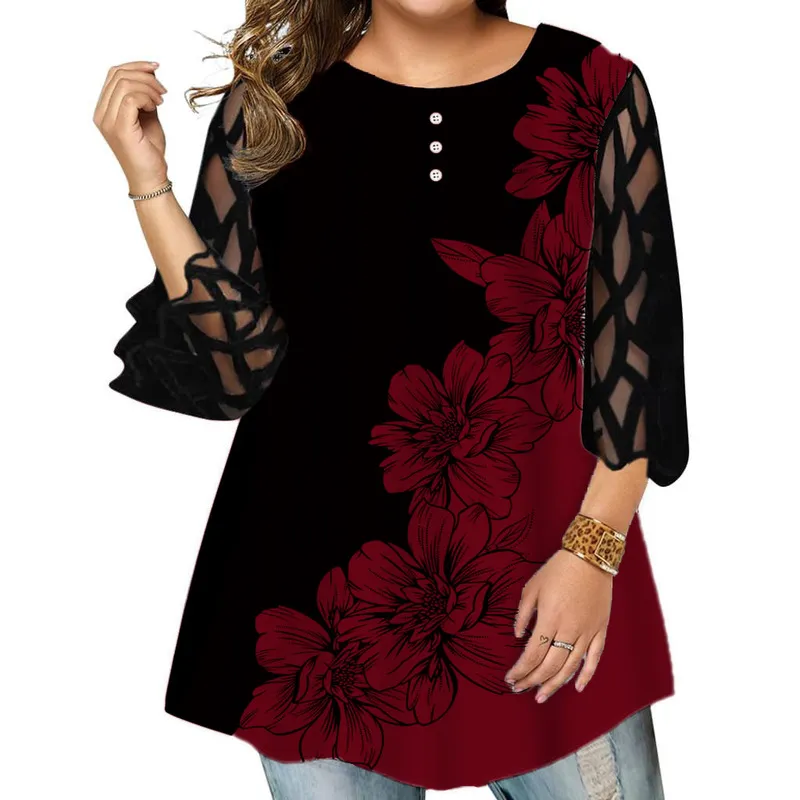 Mulheres plus size camiseta abstrata estampa de flor Big Yards tops Spring outono renda transparente manga longa ladies street hipster tee 220708