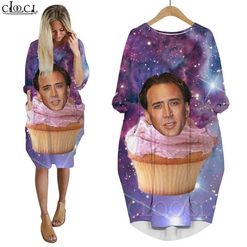 Kobiety sukienka Zabawny aktor Nicolas Cage 3d Print Lose Córka sukienki z długim rękawem Casual Streetwear Christmas Kieszonkową sukienkę W220616